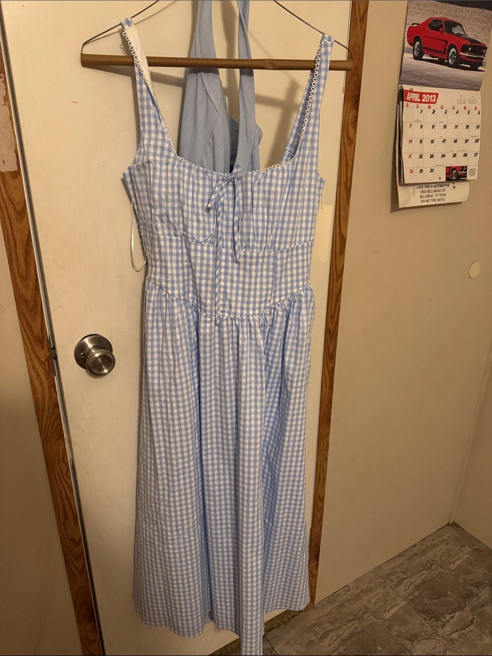 Light Blue Gingham Maxi Dress with Tie-Front